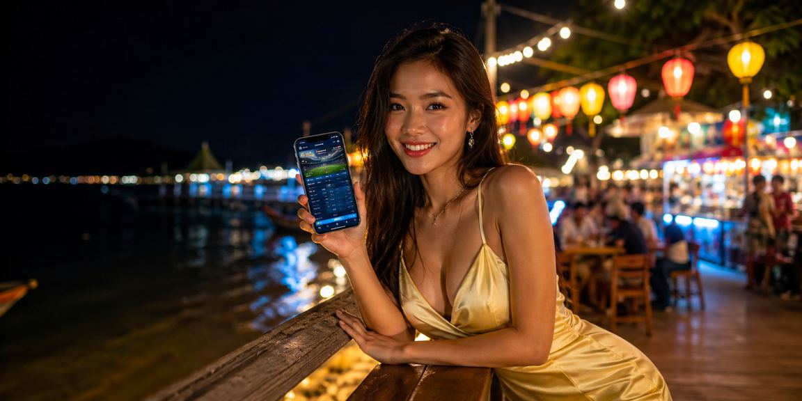 Du khách tại chợ đêm Phú Quốc sử dụng điện thoại trải nghiệm casino mobile